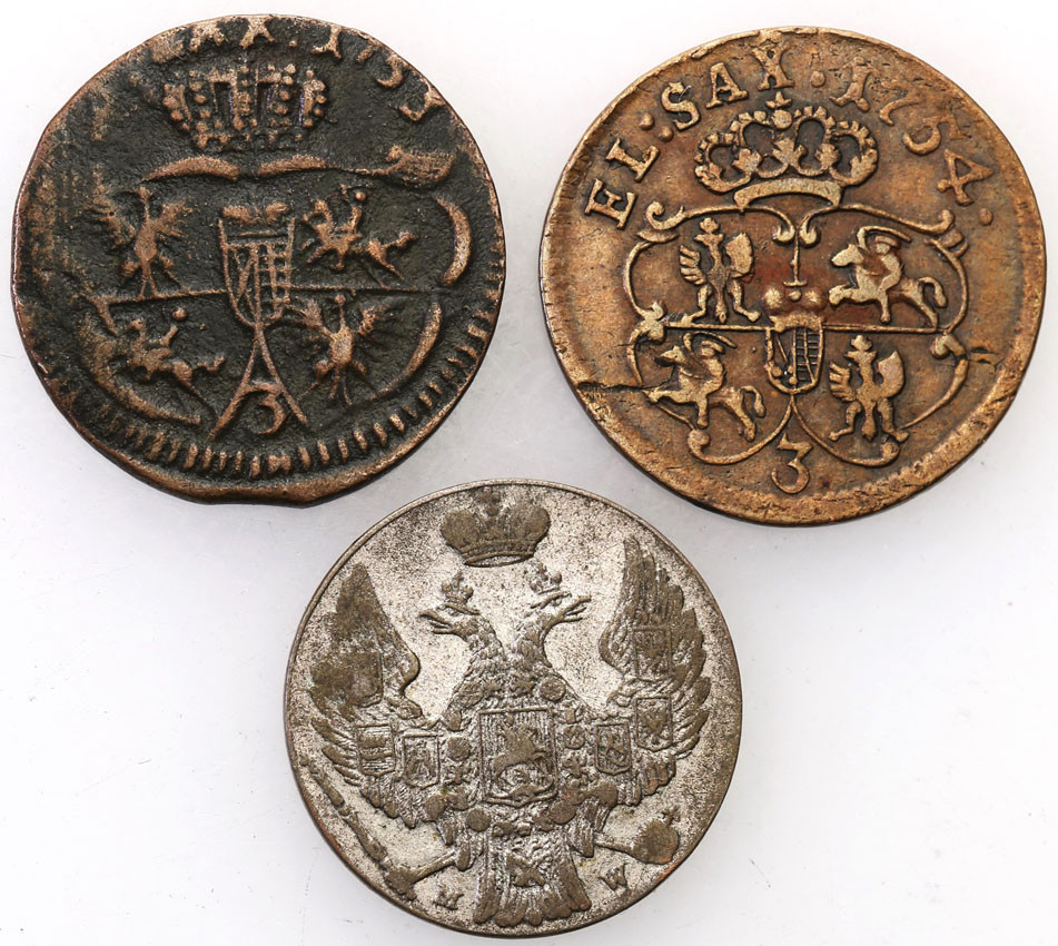 August III SAS, Polska XIX wiek. Grosz 1753, 1754, 10 groszy 1840 MW, zestaw 3 monet